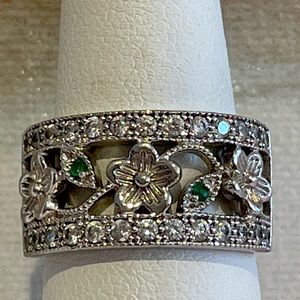 Sterling Silver Diamond Pave Ring with Emerald Accents